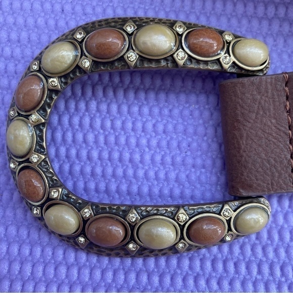 Chico's Brown adjustable belt brass buckle with tan/brown stones SZ M/L … - Picture 6 of 11